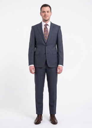 Napoli Slim Fit Navy Blue Windowpane Plaid Half Canvassed Super 160's Wool Suit - The Suit Depot