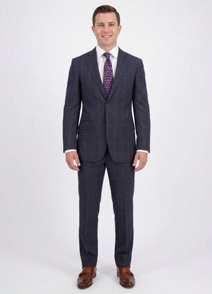 Napoli Slim Fit Navy Blue Windowpane Two Button Half Canvassed Wool Suit - The Suit Depot