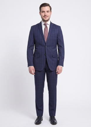 Mens Slim Fit Navy Blue With Blue & Maroon Windowpane Two Button Wool Suit - The Suit Depot