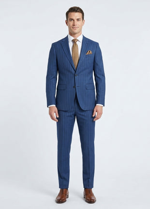 Mens Blue Pinstriped Slim Fit 100% VBC Wool Prehemmed Suit