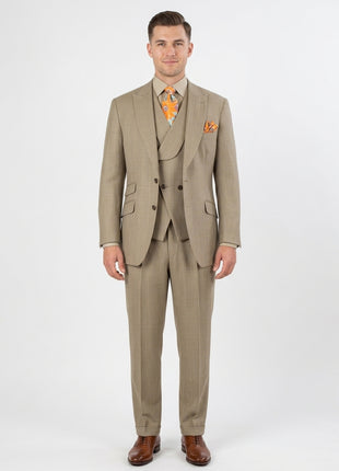 Apollo King Mens Classic Fit Tan Check 100% Wool 3 Piece Suit