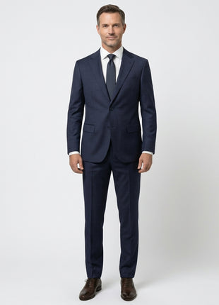 Centrion Mens Navy Blue Subtle Tonal Plaid Notch Lapels Slim Fit 2 Button Wool Suit