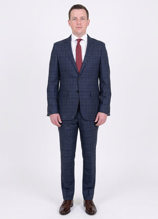 Mens Modern Fit Blue Plaid Two Button Wool Suit - The Suit Depot