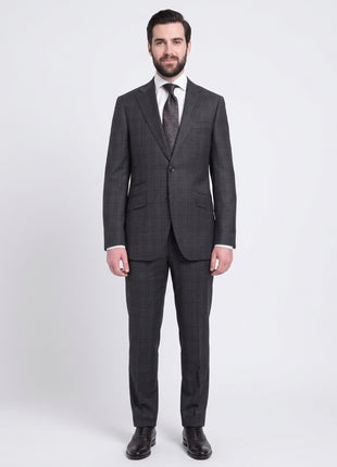 Napoli Slim Fit Charcoal Gray & Purple Plaid Half Canvassed Super 150s Wool Suit - The Suit Depot