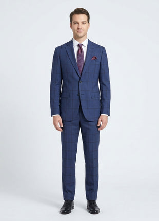 Arthur Black Mens Navy Blue Windowpane Slim Fit 100% VBC Wool Prehemmed Suit
