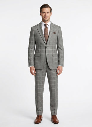 Mens Gray Check Slim Fit 100% VBC Flannel Wool Prehemmed Suit