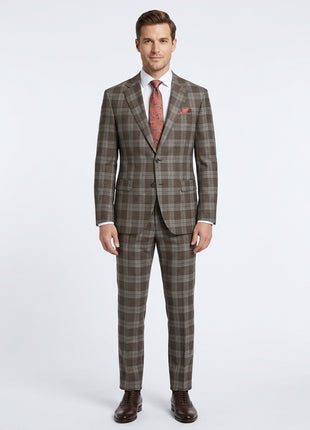 Mens Brown Plaid Slim Fit 100% VBC Wool Prehemmed Suit