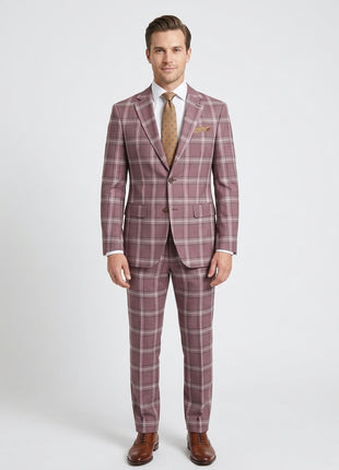 Mens Burgundy Plaid Slim Fit 100% VBC Wool Prehemmed Suit