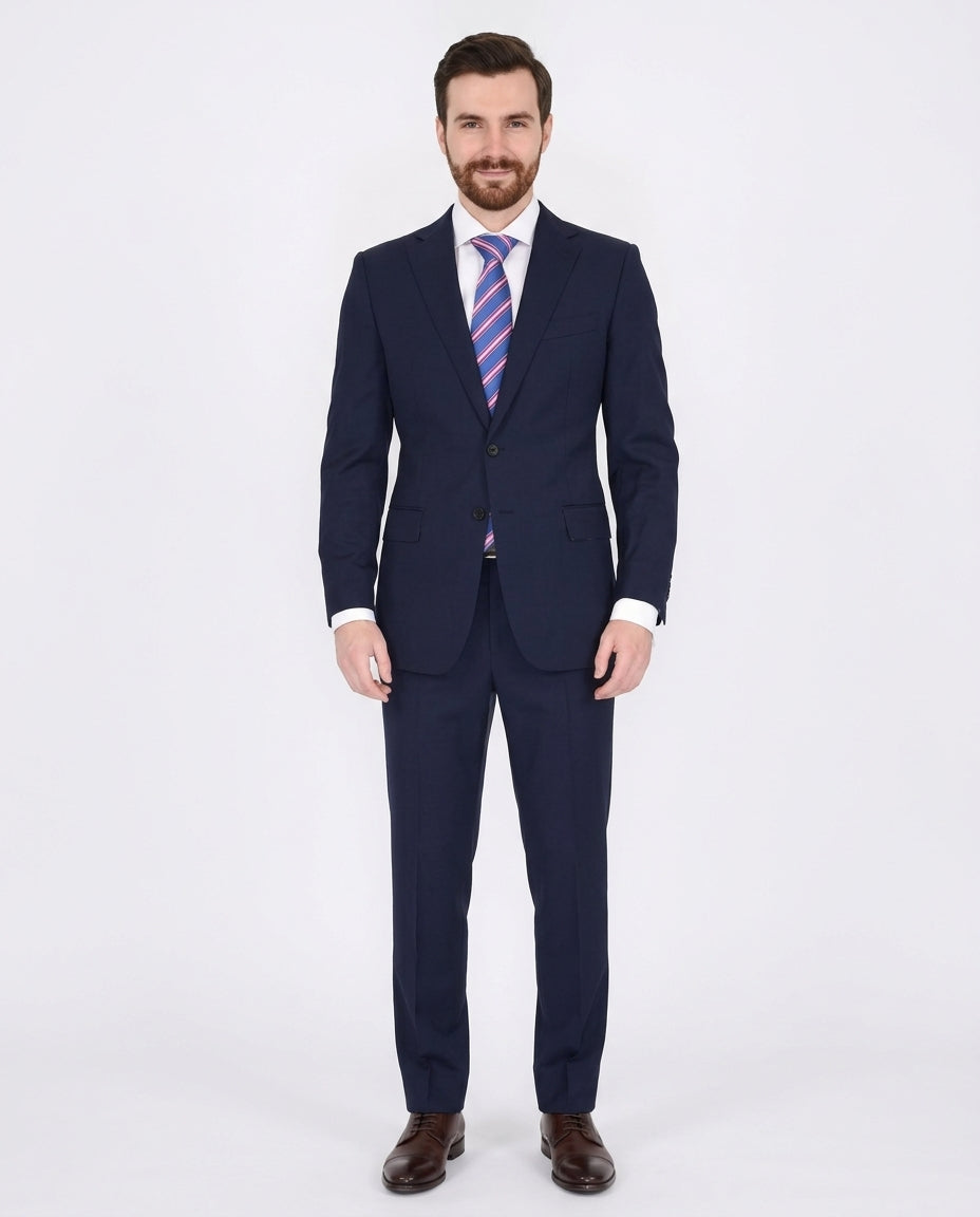 Blujacket Mens Solid Navy Blue Trim Fit Half Canvassed 100% Wool Suit - The Suit Depot