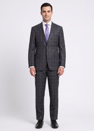 Mens Classic Fit Gray With Purple Windowpane Two Button Wool Suit
