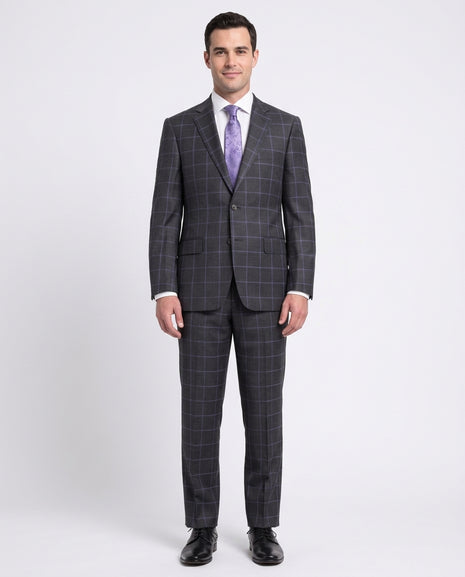 gray dress shirt purple tie outfit Mens Classic Fit Gray With Purple Windowpane Two Button Wool Suit, 44 / Regular