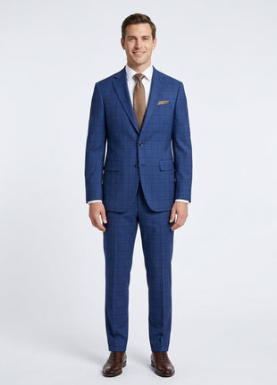 Mens Blue Plaid Slim Fit 100% VBC Wool Prehemmed Suit