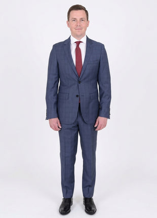 Mens Modern Fit Medium Blue Plaid Two Button Wool Suit - The Suit Depot