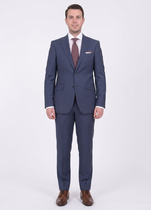Mens Napoli Slim Fit Blue Textured Two Button Half Canvassed Marzotto Wool Suit - The Suit Depot