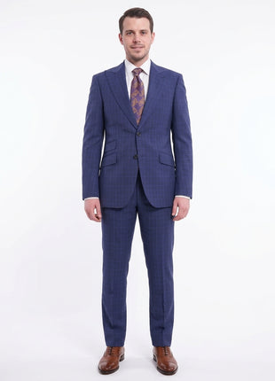 Napoli Slim Fit Blue Glen Plaid Half Canvassed Wool Suit Wide Peak Lapels - The Suit Depot