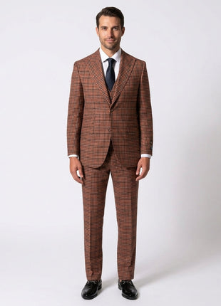 Beragamo Elegant Mens Brown Plaid Modern Fit 100% Wool 3 Piece Suit