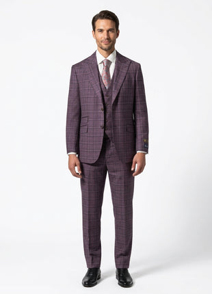 Berragamo Elegant Mens Purple Plaid Modern Fit 100% Wool 3 Piece Suit