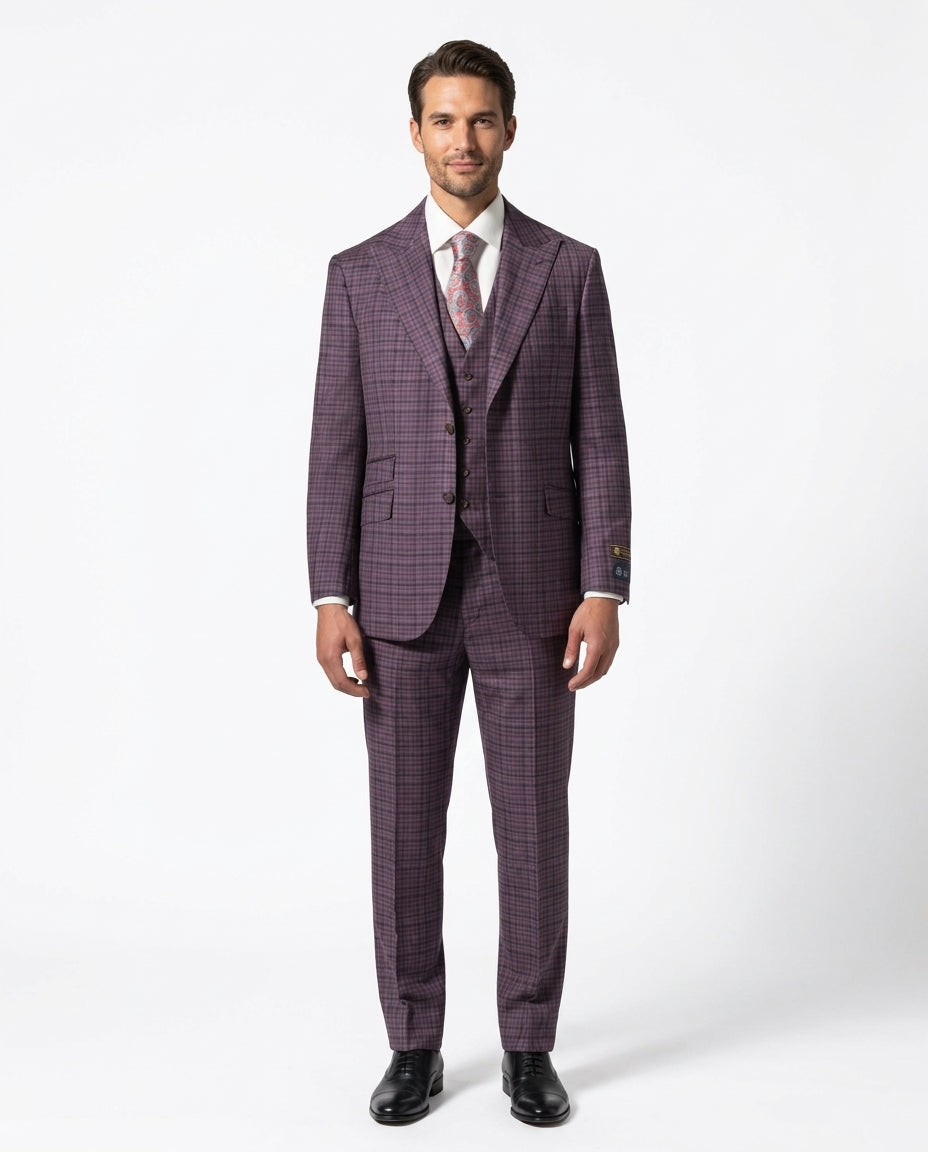 Berragamo Elegant Mens Purple Plaid Modern Fit 100% Wool 3 Piece Suit, 50 / Long Berragamo Elegant Mens Purple Plaid Modern Fit 100% Wool 3 Piece Suit, 50 / Long