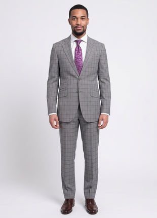 Napoli Slim Fit Gray & Blue Windowpane Plaid Half Canvassed Super 150s Wool Suit - The Suit Depot