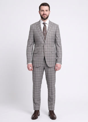 Napoli Slim Fit Gray Plaid Windowpane Half Canvassed Tallia Deflino Wool Suit
