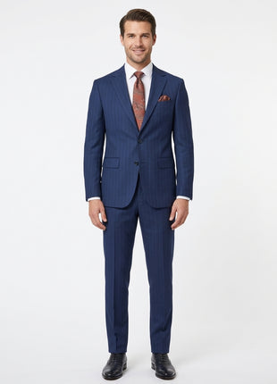 Mens Navy Blue Pinstriped Slim Fit 100% VBC Wool Prehemmed Suit