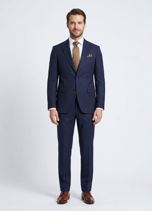 Men's Navy Blue Pinstriped Slim Fit 100% VBC Wool Prehemmed Suit