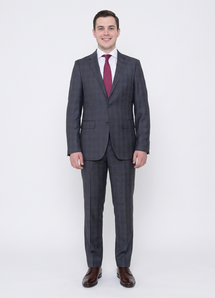 Slim Fit Gray With Blue Windowpane Two Button Wool Suit - The Suit Depot