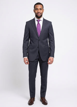 Napoli Slim Fit Subtle Navy Blue Plaid Half Canvassed Marzotto Wool Suit - The Suit Depot