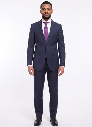 Napoli Slim Fit Textured Navy Blue Two Button Half Canvassed Marzotto Wool Suit - The Suit Depot