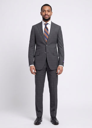 Napoli Slim Fit Charcoal Gray & Brown Plaid Half Canvassed Super 150s Wool Suit - The Suit Depot