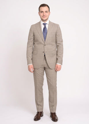 Napoli Slim Fit Light Brown Glen Plaid Half Canvassed Marzotto Wool Suit - The Suit Depot
