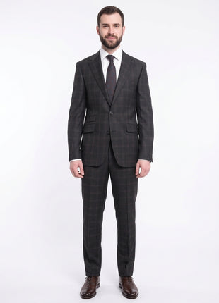 Napoli Slim Fit Charcoal Gray With Brown Plaid Half Canvassed Wool Suit