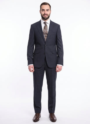Napoli Slim Fit Blue Plaid with Brown Overcheck Half Canvassed Wool Suit