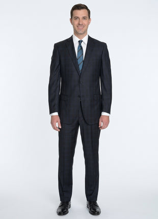 Modern Fit Navy Blue Plaid Two Button Wool Suit