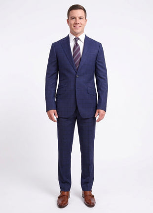 Napoli Slim Fit Blue Plaid Windowpane Two Button Half Canvassed 100% Wool Suit
