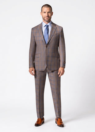 Beragamo Elegant Mens Brown Plaid Modern Fit 100% Wool 2 Piece Suit