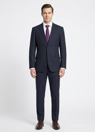 Raphael Mens Navy Grey Check Notch Lapel Slim Fit Stretch Wool Blend Suit