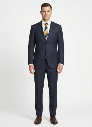 Raphael Mens Dark Navy Plaid Notch Lapel Slim Fit Wool Suit