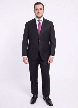 Mens Regular Fit Black Tonal Striped Two Button Half Canvassed Wool Suit