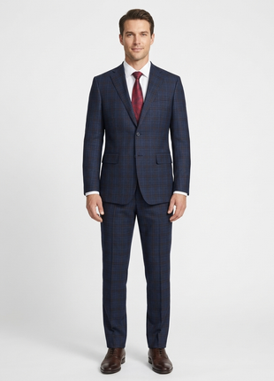 English Laundry Navy Plaid With Rust Windowpane Slim Fit Notch Lapel Wool Suit