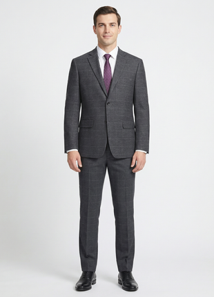 Raphael Mens Gray Windowpane Slim Fit Notch Lapels 2 Buttons Stretch Suit