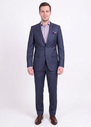 Mens Slim Fit Navy Blue Textured Two Button Wool Suit - The Suit Depot