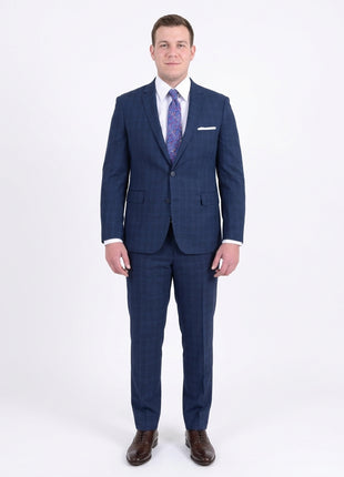 Mens Extra Slim Fit Blue Windowpane Two Button Wool Blend Suit - The Suit Depot
