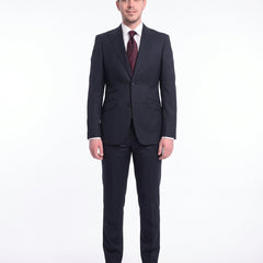 Ideal Slim Fit Solid Navy Blue Two Button Wool Suit With Peak Lapels - The Suit Depot