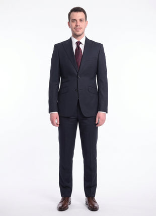 Ideal Slim Fit Solid Navy Blue Two Button Wool Suit With Peak Lapels - The Suit Depot