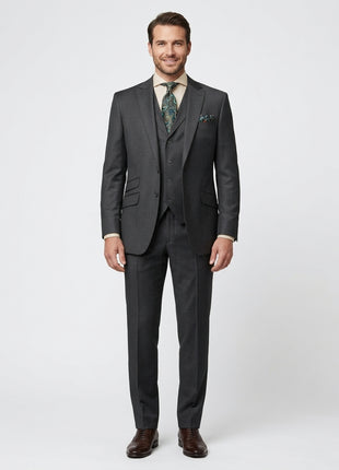 Apollo King Mens Textured Charcoal Gray Classic Fit Peak Lapel 3-Piece Wool Suit