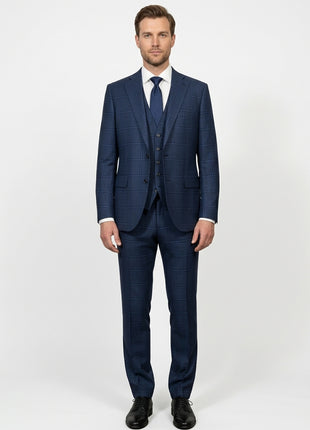 Canuti Navy Blue Plaid Modern Fit Notch Lapel 3 Piece Suit