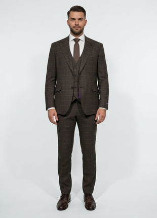 Canuti Brown Windowpane Modern Fit Peak Lapel 3 Piece Suit