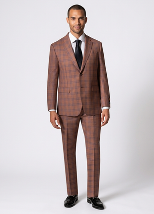 Berragamo Elegant Mens Orange with Blue Windowpane Modern Fit 2 Button Wool Suit