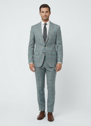 Berragamo Elegant Mens Light Blue with Tan Windowpane Slim Fit 2 Button Wool Suit